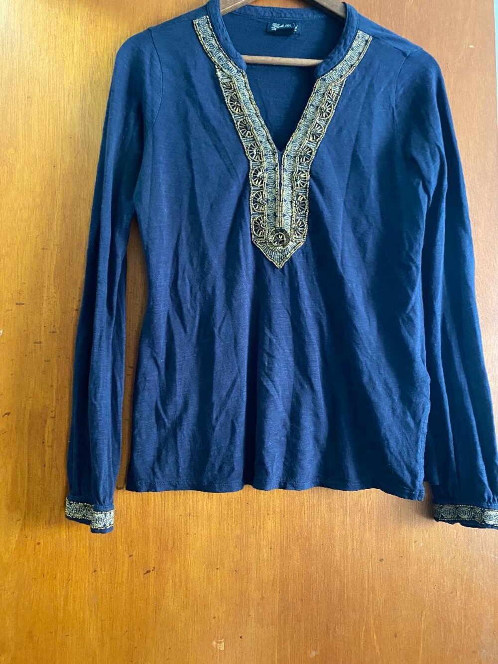 LUCKY Brand Women's Small Blue Boho Beaded Tunic Top Long Sleeve 100% Cotton